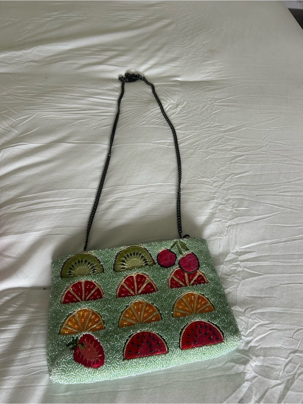 Beaded Fruit Motif Green Crossbody Bag